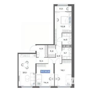 3-к квартира, строящийся дом, 93м2, 16/20 этаж