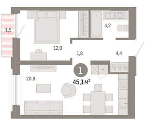 1-к квартира, вторичка, 45м2, 2/16 этаж