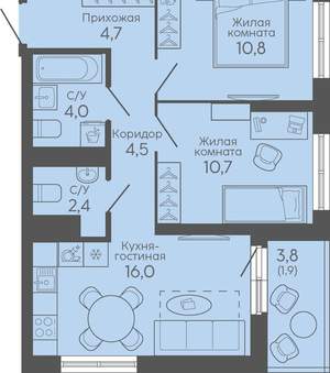 2-к квартира, вторичка, 55м2, 5/16 этаж