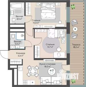 2-к квартира, строящийся дом, 67м2, 2/22 этаж