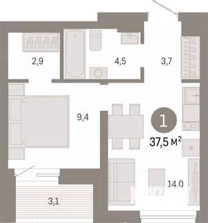 1-к квартира, вторичка, 38м2, 3/7 этаж