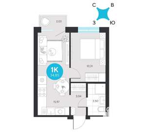 1-к квартира, строящийся дом, 35м2, 8/23 этаж