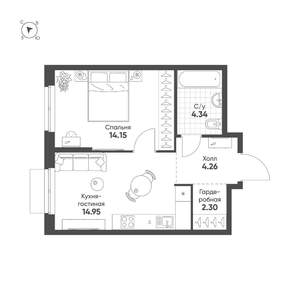 1-к квартира, строящийся дом, 40м2, 15/25 этаж