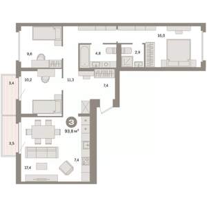 3-к квартира, вторичка, 94м2, 3/9 этаж