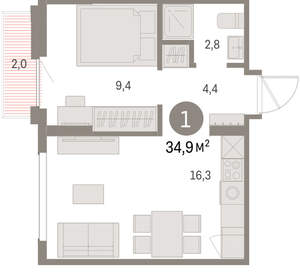 1-к квартира, вторичка, 35м2, 5/9 этаж