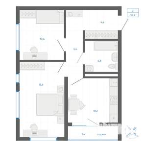 2-к квартира, строящийся дом, 52м2, 22/32 этаж