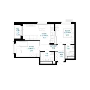 2-к квартира, строящийся дом, 63м2, 16/30 этаж