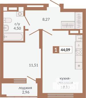 1-к квартира, строящийся дом, 44м2, 6/31 этаж