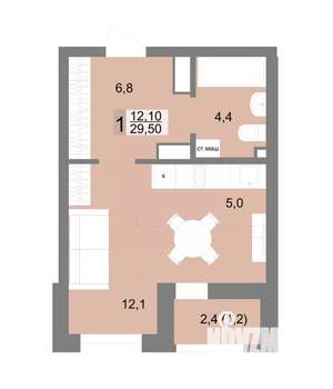 1-к квартира, строящийся дом, 30м2, 23/25 этаж