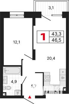 1-к квартира, строящийся дом, 47м2, 1/25 этаж