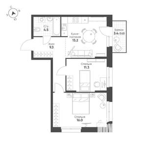 2-к квартира, вторичка, 57м2, 7/16 этаж