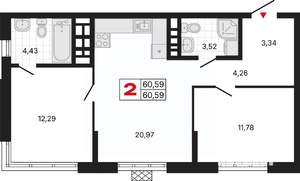2-к квартира, вторичка, 61м2, 17/20 этаж