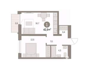 1-к квартира, вторичка, 43м2, 8/16 этаж