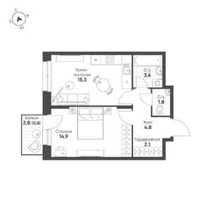 1-к квартира, строящийся дом, 43м2, 2/16 этаж