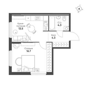 1-к квартира, строящийся дом, 39м2, 17/25 этаж
