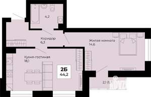 1-к квартира, строящийся дом, 44м2, 2/25 этаж