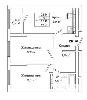 2-к квартира, строящийся дом, 56м2, 22/25 этаж