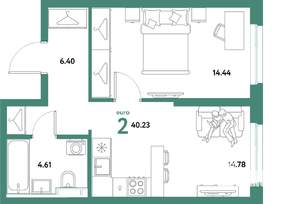 2-к квартира, вторичка, 40м2, 9/21 этаж