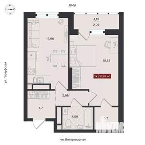 1-к квартира, вторичка, 53м2, 13/24 этаж