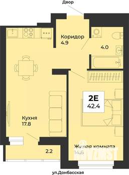 2-к квартира, строящийся дом, 42м2, 17/25 этаж