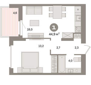 1-к квартира, вторичка, 45м2, 12/16 этаж