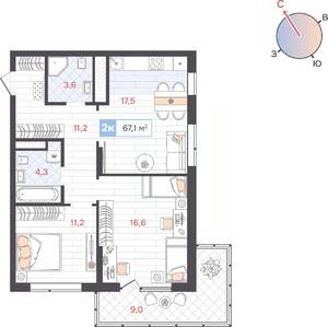 2-к квартира, вторичка, 67м2, 16/31 этаж
