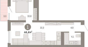 1-к квартира, вторичка, 44м2, 6/8 этаж