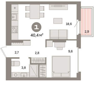 1-к квартира, вторичка, 40м2, 6/9 этаж