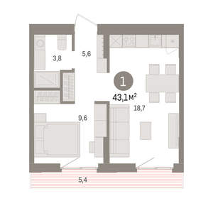 1-к квартира, вторичка, 43м2, 4/25 этаж