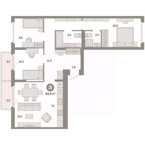 3-к квартира, вторичка, 94м2, 6/9 этаж