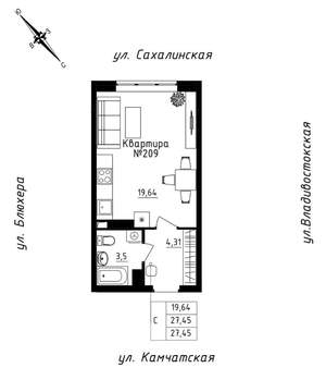 Студия квартира, строящийся дом, 27м2, 18/25 этаж
