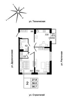 2-к квартира, вторичка, 55м2, 10/19 этаж
