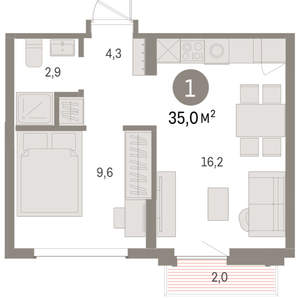 1-к квартира, вторичка, 35м2, 9/9 этаж