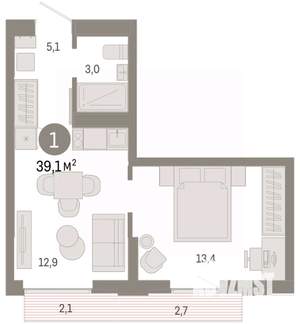 1-к квартира, вторичка, 39м2, 11/16 этаж