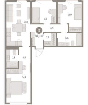 3-к квартира, вторичка, 86м2, 6/9 этаж