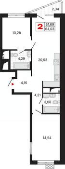 2-к квартира, вторичка, 64м2, 4/25 этаж