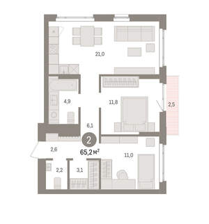 2-к квартира, вторичка, 65м2, 7/16 этаж