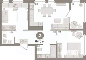 2-к квартира, вторичка, 65м2, 9/16 этаж