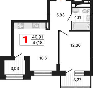 1-к квартира, вторичка, 47м2, 22/25 этаж