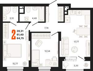 2-к квартира, строящийся дом, 65м2, 9/25 этаж