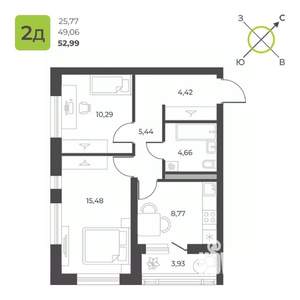 2-к квартира, строящийся дом, 53м2, 22/23 этаж