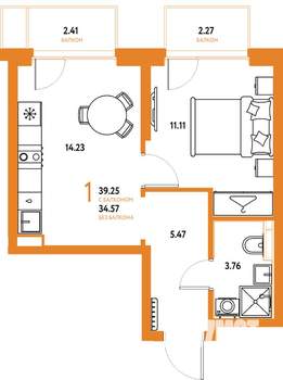 1-к квартира, строящийся дом, 39м2, 6/24 этаж