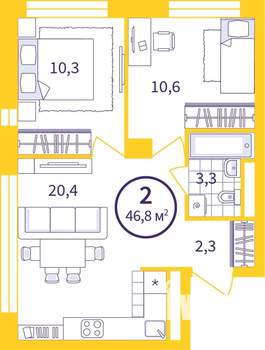 2-к квартира, сданный дом, 47м2, 13/24 этаж