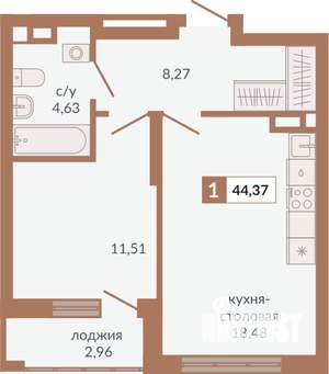 1-к квартира, строящийся дом, 44м2, 3/31 этаж