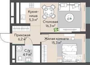 1-к квартира, строящийся дом, 48м2, 18/27 этаж