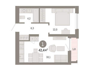 1-к квартира, вторичка, 42м2, 8/16 этаж