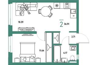 2-к квартира, вторичка, 37м2, 24/24 этаж