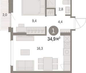1-к квартира, вторичка, 35м2, 8/9 этаж