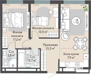2-к квартира, строящийся дом, 77м2, 13/27 этаж