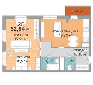 2-к квартира, вторичка, 64м2, 17/25 этаж